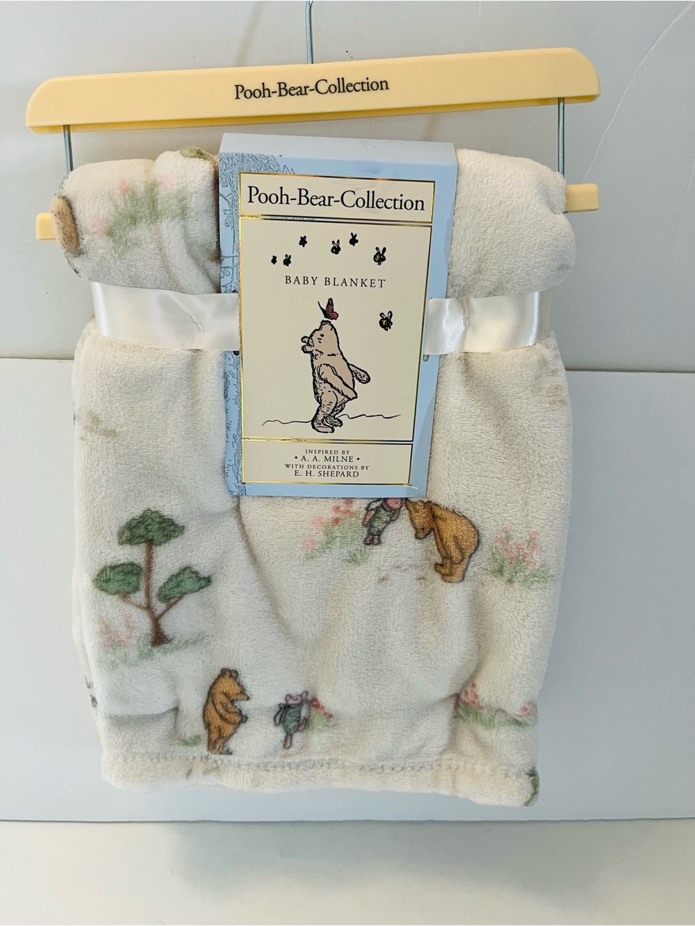 Winnie the Pooh Bear Collection Cream Baby Blanket Pooh Piglet Trees Flowers